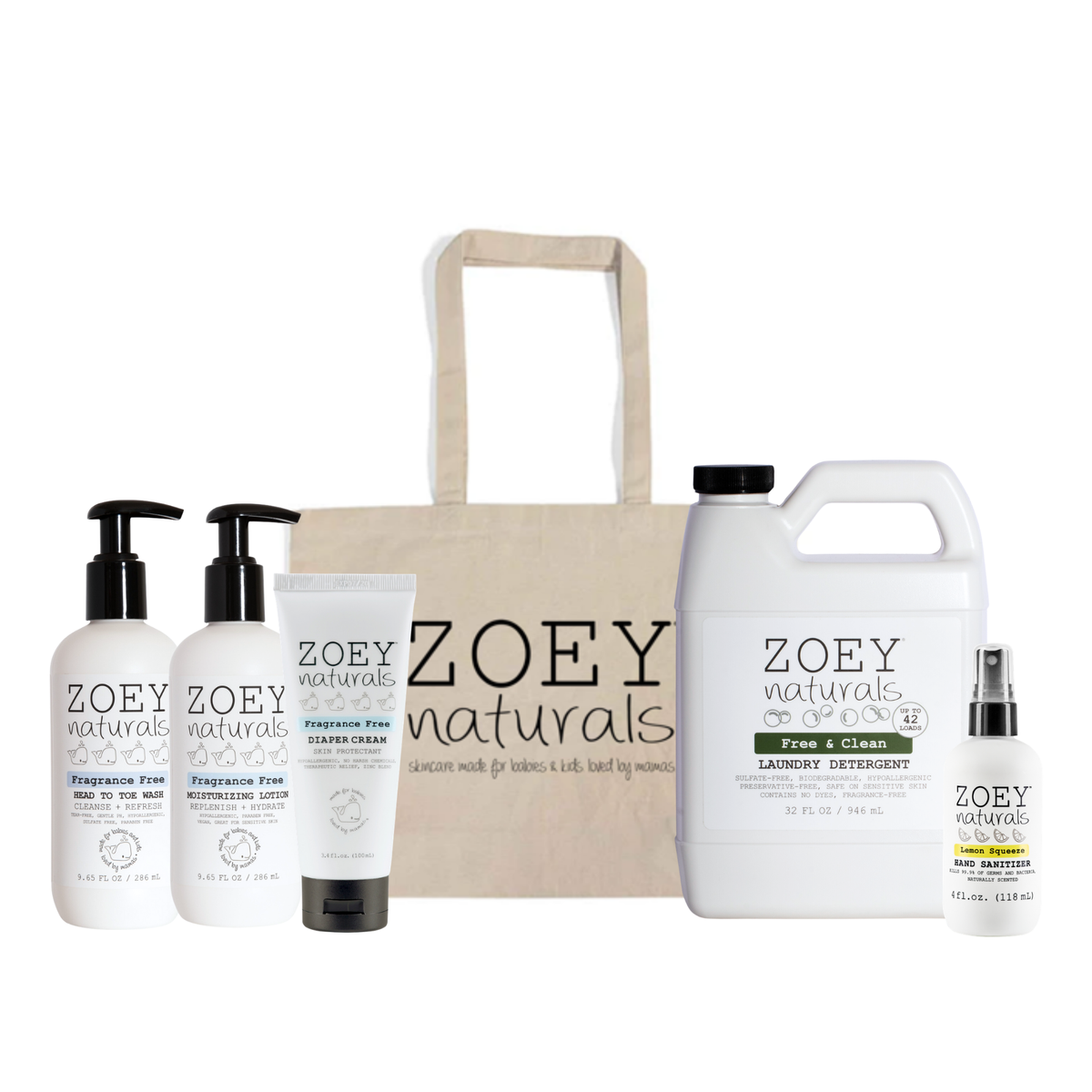 Zoey Naturals Newborn Essentials Bundle with baby skincare, laundry detergent, hand sanitizer and cotton tote