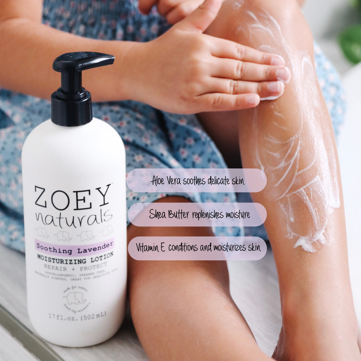 Soothing lavender lotion being applied to skin.