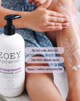 Soothing lavender lotion being applied to skin.